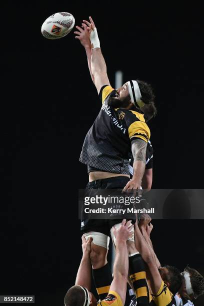 Kane Thompson of Taranaki takes a lineout during the round six Mitre 10 Cup match between Hawke's Bay and Taranaki at McLean Park on September 23,...