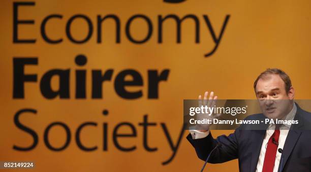 Energy and Climate Change Secretary Ed Davey adresses the Liberal Democrats' autumn conference at The Clyde Auditorium in Glasgow, Scotland.