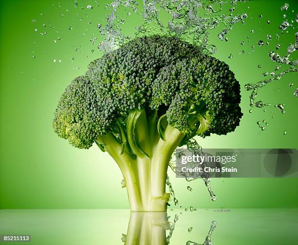 broccoli splash - brécol fotografías e imágenes de stock