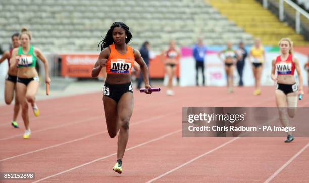 England Midlands cross the line to win the womens 4 x 100m relay on day four of the 2013 Sainsburys School Games at Don Valley Stadium, Sheffield....