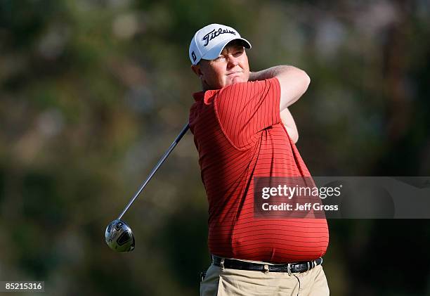 Jarrod Lyle of Australia hits a tee shot during the final round of the Buick Invitational at the Torrey Pines Golf Course on February 8, 2009 in La...