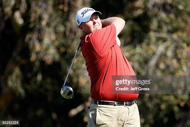 Jarrod Lyle of Australia hits a tee shot during the final round of the Buick Invitational at the Torrey Pines Golf Course on February 8, 2009 in La...