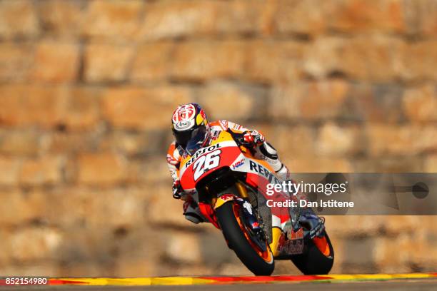 Dani Pedrosa of Spain and the Repsol Honda Team rides during practice for the MotoGP of Aragon at Motorland Aragon Circuit on September 23, 2017 in...