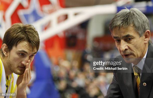 Semih Erden, #9 and Bogdan Tanjevic, Head Coach of Fenerbahce Ulker look on during the Euroleague Basketball Last 16 Game 5 match between CSKA Moscow...