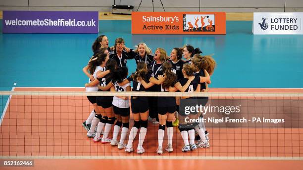 Scotland celebrate winning against England in the Girls Volleyball during day Four of the Sainsbury's 2013 School Games at English Institute of...