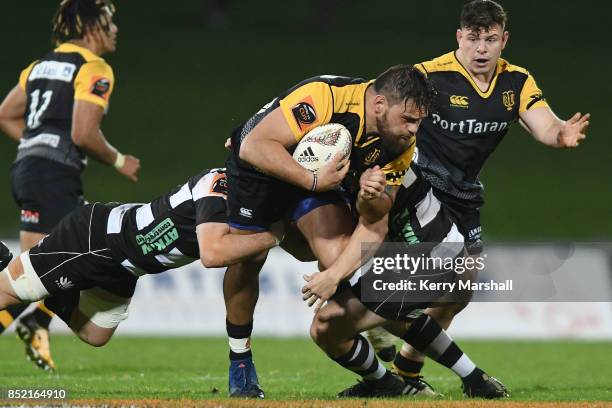 Angus Ta'avao of Taranaki in action during the round six Mitre 10 Cup match between Hawke's Bay and Taranaki at McLean Park on September 23, 2017 in...