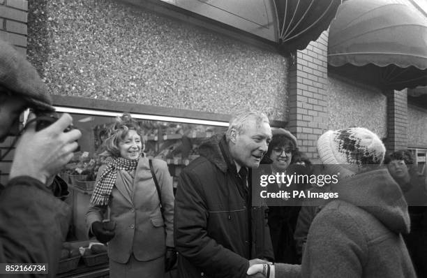 Mr Tony Benn in Chesterfield market square with his wife Caroline following his victory in by-election poll.