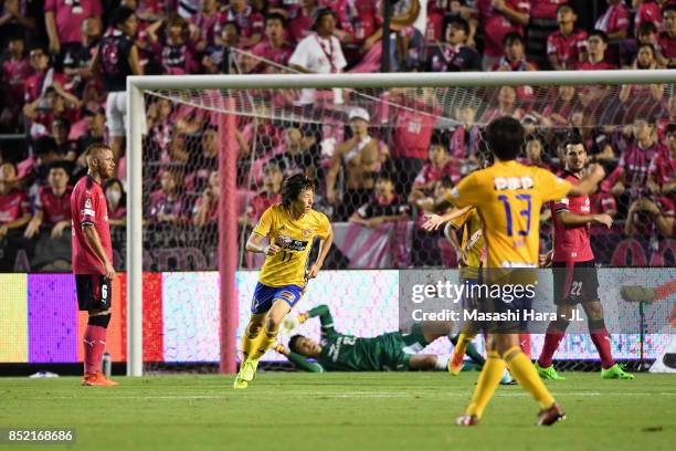 Naoki Ishihara of Vegalta Sendai celebrates scoring his side's first goal during the J.League J1 match between Cerezo Osaka and Vegalta Sendai at...