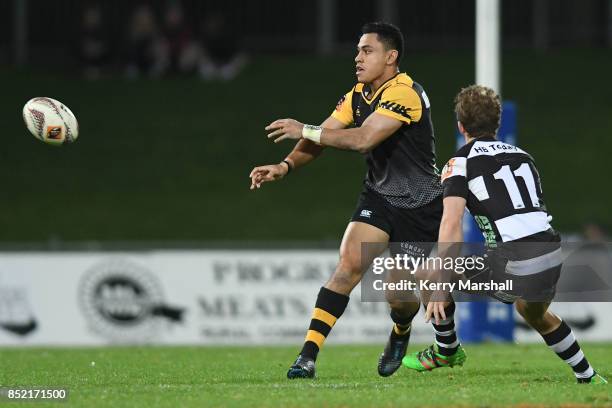 Stephen Perofeta of Taranaki passes during the round six Mitre 10 Cup match between Hawke's Bay and Taranaki at McLean Park on September 23, 2017 in...