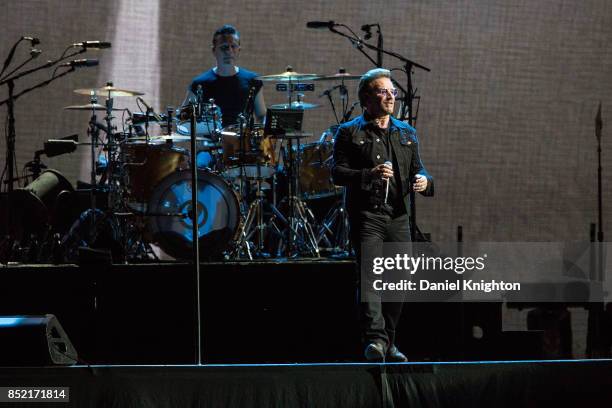 Musicians Bono and Larry Mullen Jr. Perform on stage on the final night of U2: The Joshua Tree Tour 2017 at SDCCU Stadium on September 22, 2017 in...