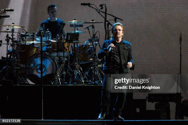 Musicians Bono and Larry Mullen Jr. Perform on stage on the final night of U2: The Joshua Tree Tour 2017 at SDCCU Stadium on September 22, 2017 in...