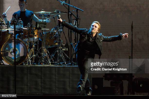 Musicians Bono and Larry Mullen Jr. Perform on stage on the final night of U2: The Joshua Tree Tour 2017 at SDCCU Stadium on September 22, 2017 in...