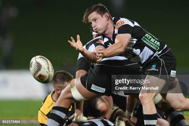 Brad Weber of Hawke's Bay passes during the round six Mitre 10 Cup match between Hawke's Bay and Taranaki at McLean Park on September 23, 2017 in...