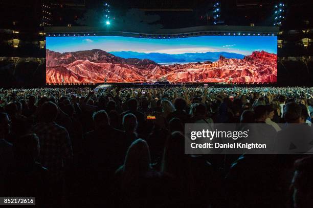 Perform on stage on the final night of U2: The Joshua Tree Tour 2017 at SDCCU Stadium on September 22, 2017 in San Diego, California.