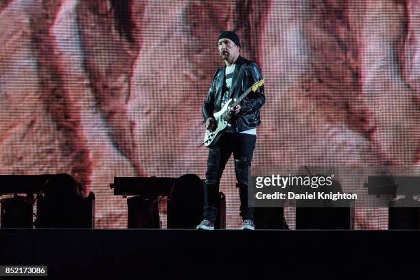Musician The Edge performs on stage on the final night of U2: The Joshua Tree Tour 2017 at SDCCU Stadium on September 22, 2017 in San Diego,...