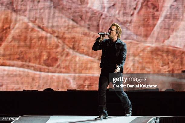 Musician Bono of U2 performs on stage on the final night of U2: The Joshua Tree Tour 2017 at SDCCU Stadium on September 22, 2017 in San Diego,...