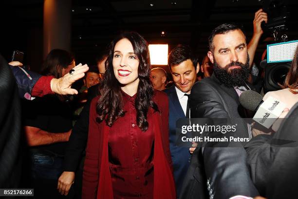 Labour Party leader Jacinda Ardern arrives at the Labour Party election party on September 23, 2017 in Auckland, New Zealand. With results too close...