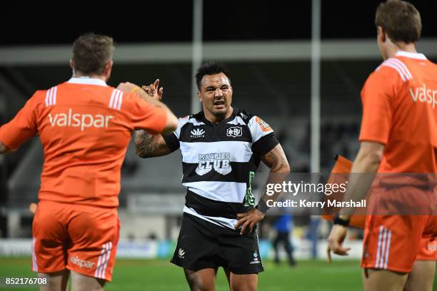 Ash Dixon of Hawke's Bay gets his view across to the referees during the round six Mitre 10 Cup match between Hawke's Bay and Taranaki at McLean Park...