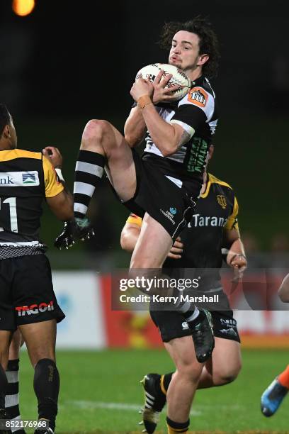 Richard Buckman of Hawke's Bay takes a high ball during the round six Mitre 10 Cup match between Hawke's Bay and Taranaki at McLean Park on September...