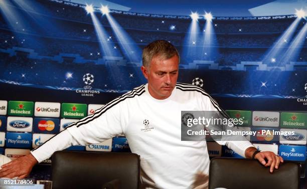 Chelsea manager Jose Mourinho arrives for a press conference at Cobham Training Ground, Stoke D'Abernon.