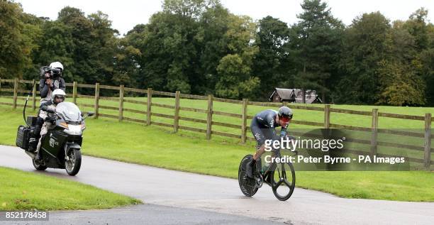 Team Sky's Sir Bradley Wiggins during the Stage Three Individual Time Trial in the 2013 Tour of Britain in Knowsley.