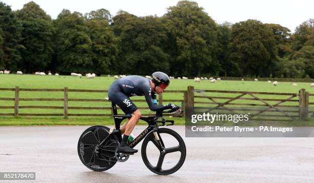 Team Sky's Sir Bradley Wiggins during the Stage Three Individual Time Trial in the 2013 Tour of Britain in Knowsley.