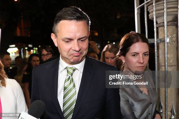 Green Party leader James Shaw arrives at St Matthews in the City on September 23, 2017 in Auckland, New Zealand. Voters head to the polls today to...