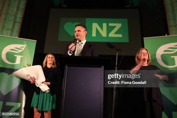 Green Party leader James Shaw speaks to supporters on September 23, 2017 in Auckland, New Zealand. Voters head to the polls today to elect the 52nd...