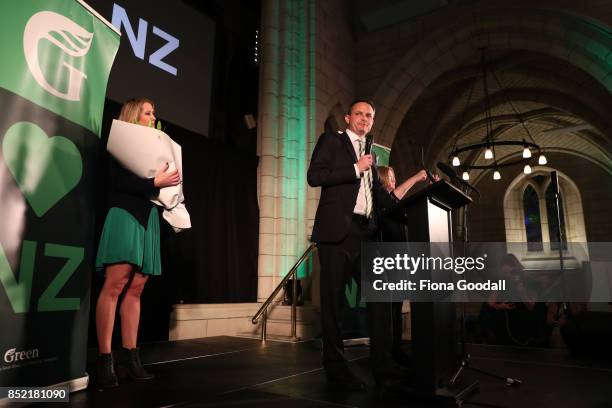 Green Party leader James Shaw speaks to supporters on September 23, 2017 in Auckland, New Zealand. Voters head to the polls today to elect the 52nd...