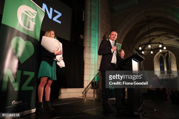 Green Party leader James Shaw speaks to supporters on September 23, 2017 in Auckland, New Zealand. Voters head to the polls today to elect the 52nd...