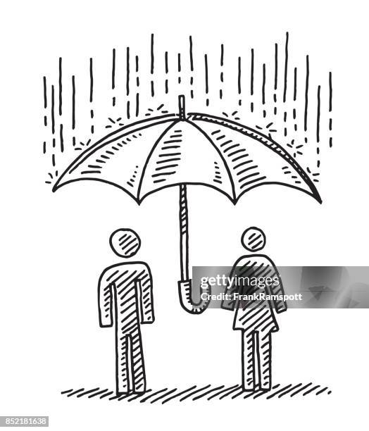 protection concept umbrella couple drawing - rain stock illustrations