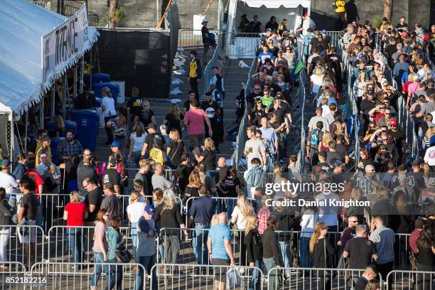 Fans line up for general admission on the final night of U2: The Joshua Tree Tour 2017 at SDCCU Stadium on September 22, 2017 in San Diego,...