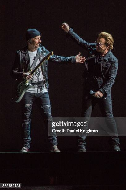Musicians The Edge and Bono of U2 perform on stage on the final night of U2: The Joshua Tree Tour 2017 at SDCCU Stadium on September 22, 2017 in San...