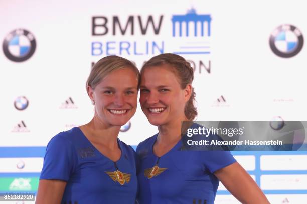 Anna Hahner attends with her sister Lisa Hahner a kids press conference at Hotel InterContinental Berlin ahead of the BMW Berlin Marathon 2017 on...