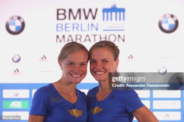 Anna Hahner attends with her sister Lisa Hahner a kids press conference at Hotel InterContinental Berlin ahead of the BMW Berlin Marathon 2017 on...