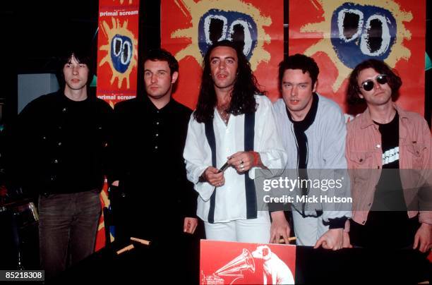 Photo of Robert YOUNG and PRIMAL SCREAM and Henry OLSEN and Bobby GILLESPIE and Andrew INNES; L-R: Bobby Gillespie, Henry Olsen, Robert Throb Young,...