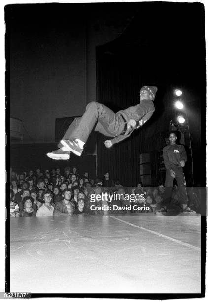 Wayne 'Frosty Freeze' Frost of American breaking and hip hop group 'Rock Steady Crew' performs for the audience at The Venue, London, 23rd November...