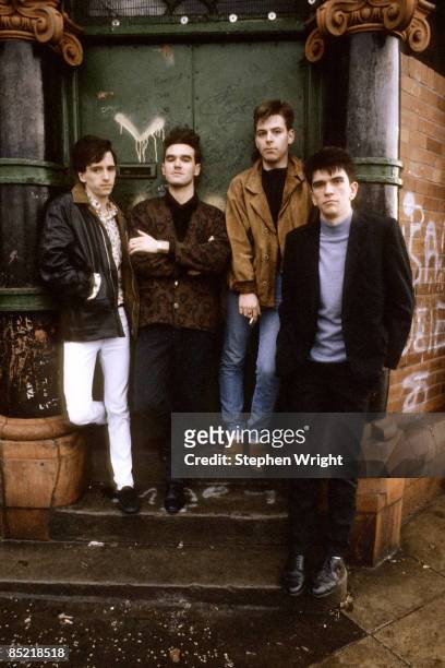 Photo of The Smiths and Andy ROURKE and Mike JOYCE and MORRISSEY and Johnny MARR; L-R: Johnny Marr, Morrissey, Andy Rourke, Mike Joyce - posed, group...
