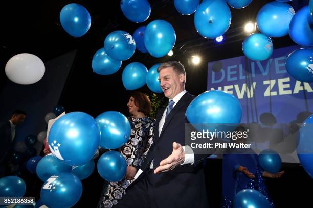National Party leader Bill English waves to his supporters on September 23, 2017 in Auckland, New Zealand. With results too close to call, no...