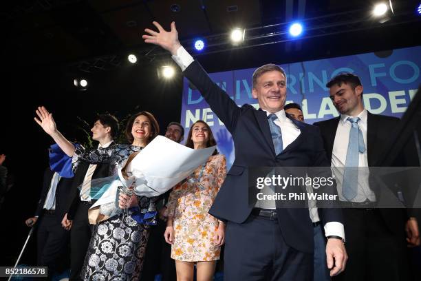 National Party leader Bill English waves to his supporters on September 23, 2017 in Auckland, New Zealand. With results too close to call, no...