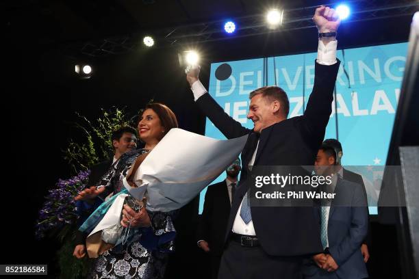 National Party leader Bill English waves to his supporters on September 23, 2017 in Auckland, New Zealand. With results too close to call, no...