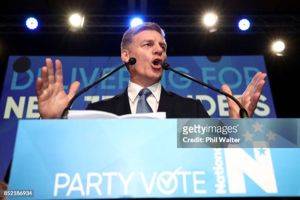 National Party leader Bill English addresses his supporters on September 23, 2017 in Auckland, New Zealand. With results too close to call, no...