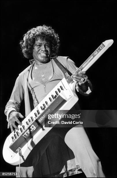 Singer and songwriter James Brown performs at the Hammersmith Odeon, London, England on May 23 1985.