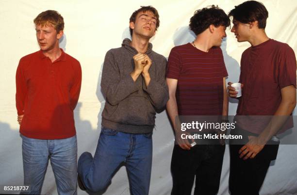 Photo of Alex JAMES and BLUR and Graham COXON and Damon ALBARN and Dave ROWNTREE, L-R: Dave Rowntree, Damon Albarn, Graham Coxon, Alex James - posed...