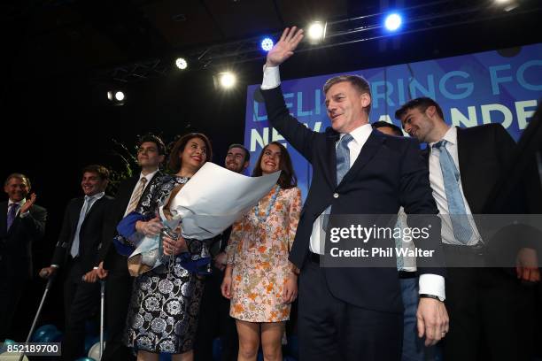 National Party leader Bill English waves to his supporters on September 23, 2017 in Auckland, New Zealand. With results too close to call, no...