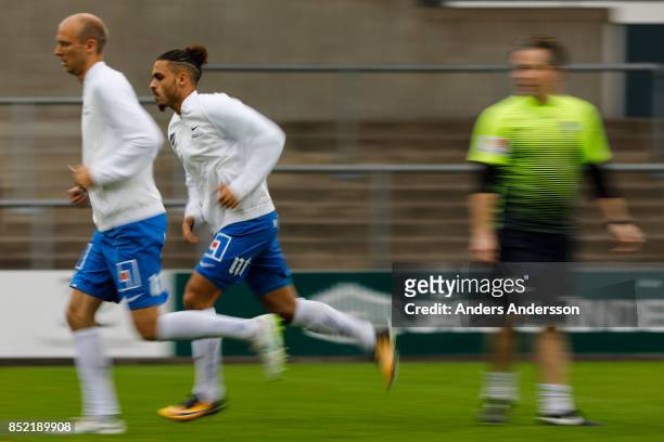 Alexander Jakobsen and Andreas Johansson of IFK Norrkoping warms up before the game at Orjans Vall on September 23, 2017 in Halmstad, Sweden.