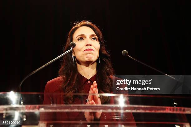 Labour Party leader Jacinda Ardern speaks at the Labour Party election party on September 23, 2017 in Auckland, New Zealand. With results too close...