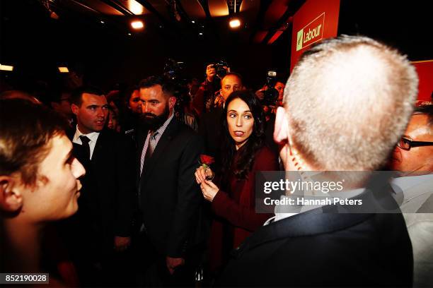 Labour Party leader Jacinda Ardern arrives at the Labour Party election party on September 23, 2017 in Auckland, New Zealand. With results too close...