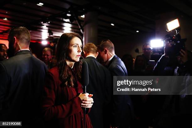 Labour Party leader Jacinda Ardern waits to be interviewed at the Labour Party election party on September 23, 2017 in Auckland, New Zealand. With...