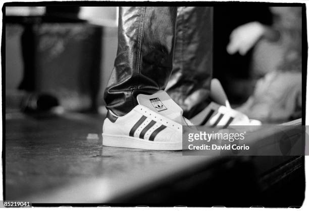 Close up of Adidas Superstar shoes at a Run-DMC's concert at Hammersmith Odeon London, UK, 13 September 1986.
